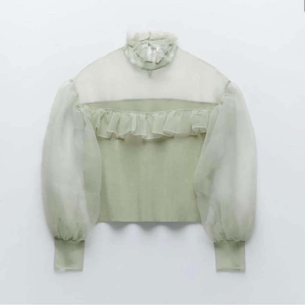 NWT Zara Light Green/Sage High Neck Organza Ribbed Mixed Knit Blouse Sweater S